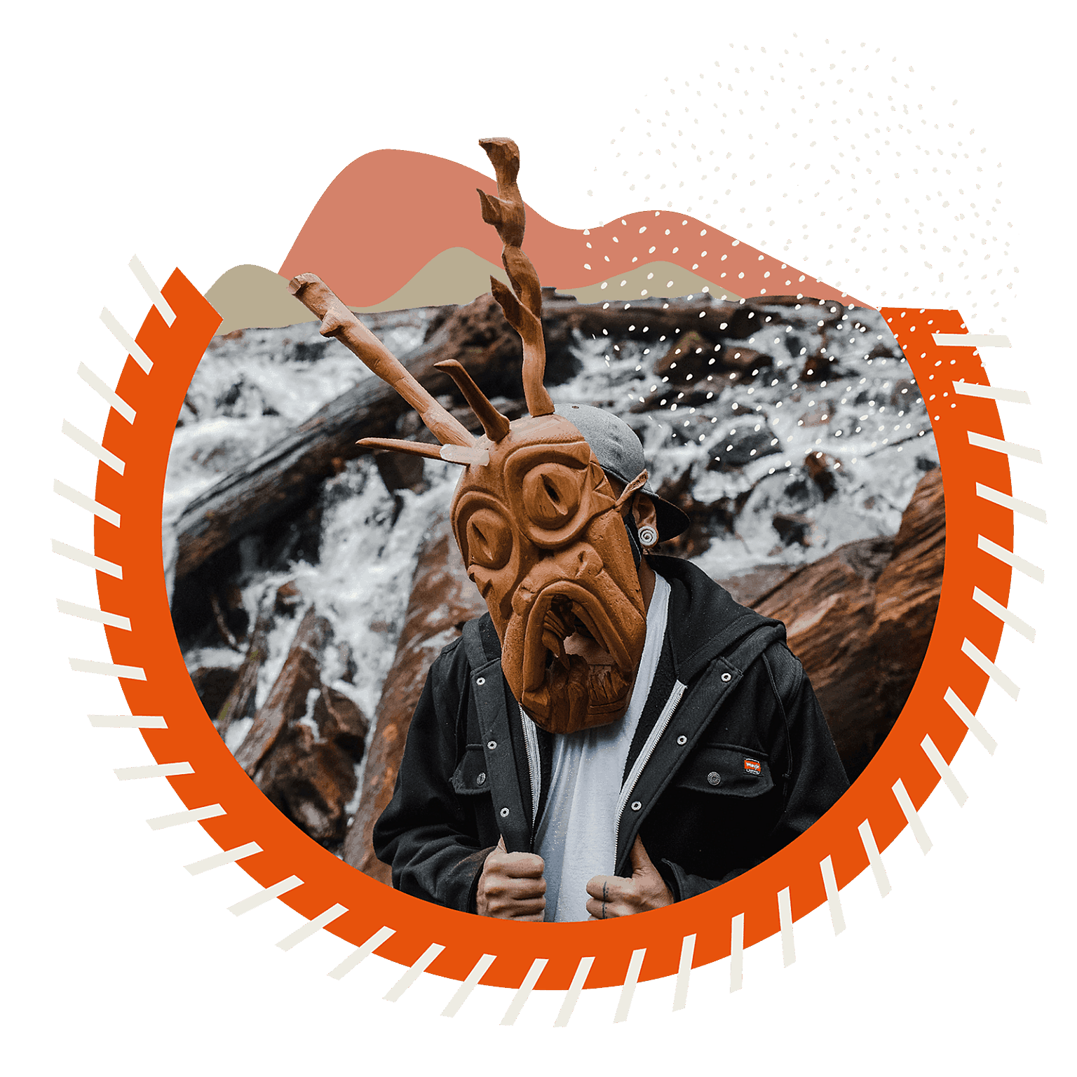 Half circle collage of man in carved wooden mask against hand drawn mountains