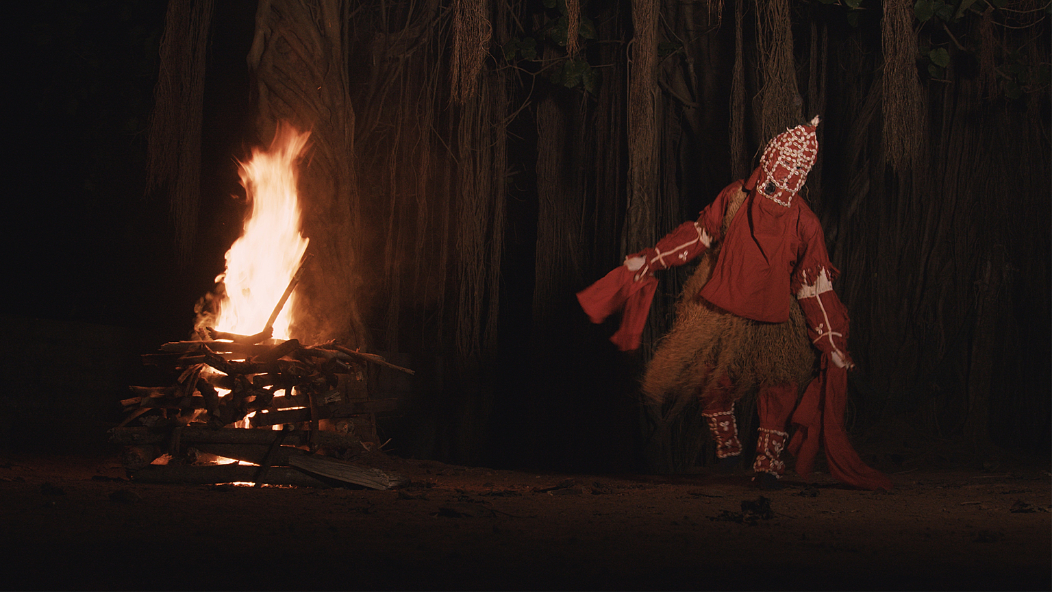Limba dancer by fire among trees
