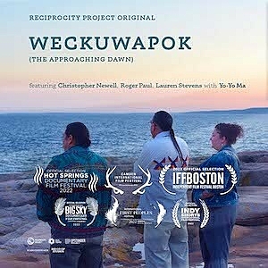 Poster of two men and a women looking out over a cliff at sunrise