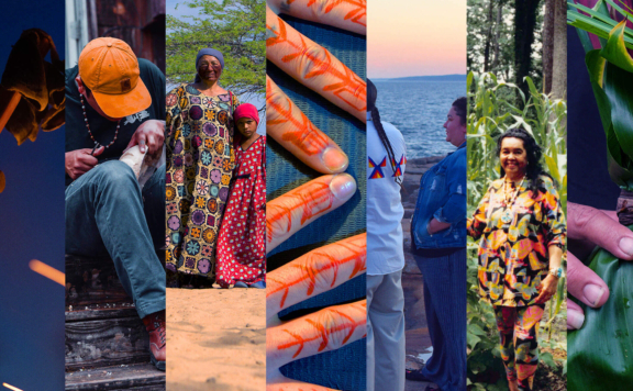 Collage of people wood working, tattooed hands and landscapes