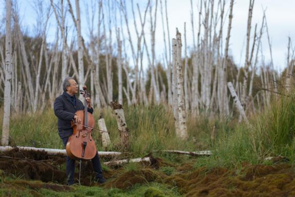 Yo-Yo Ma plays chello in an aspen forest