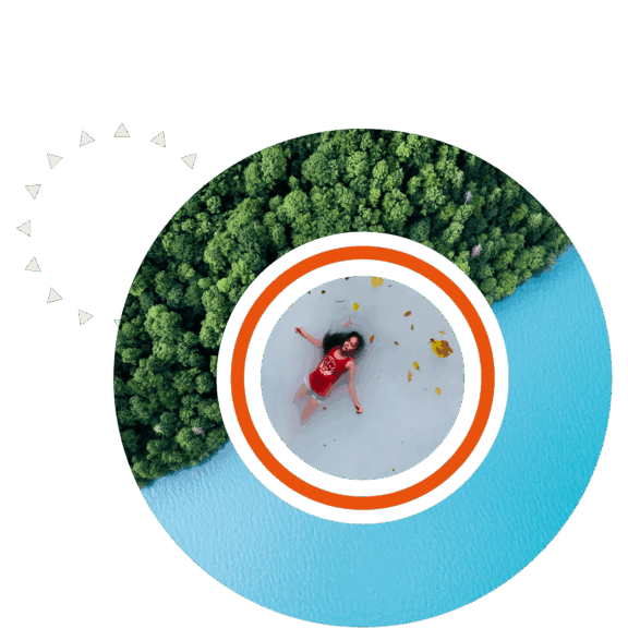 Circular layered collage of women laying in white water over trees and ocean