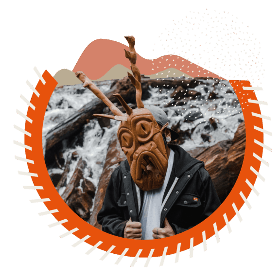 Half circle collage of man in carved wooden mask against hand drawn mountains