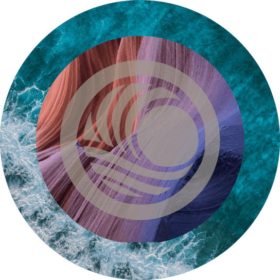 Round multi layered collage of sea and dessert with the reciprocity logo overlayed