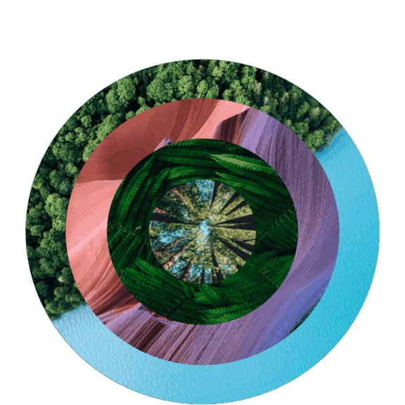 Round multi layered collage of beach, desert and forest images