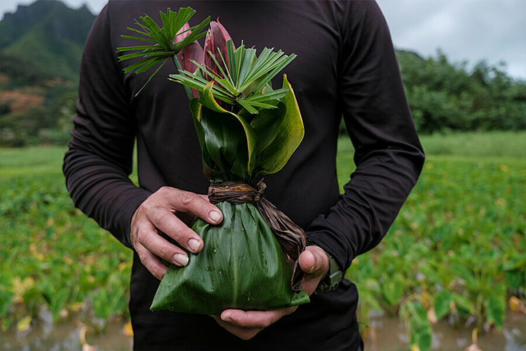 A man in black shirt holds plants and flowers, wrapped in a large leaf