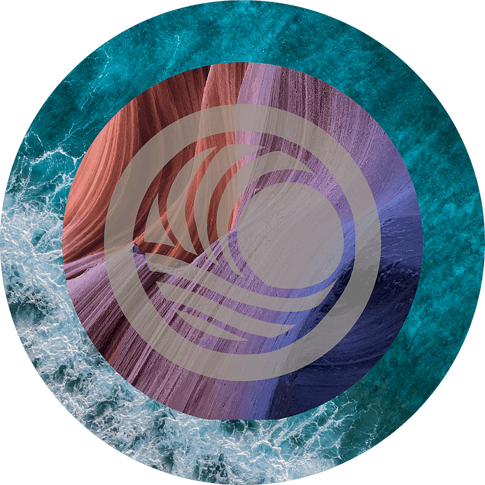 Round multi layered collage of sea and dessert with the reciprocity logo overlayed